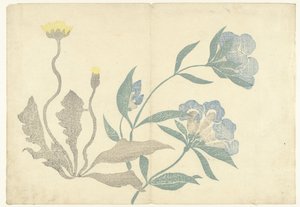 Paardenbloemen en blauwe bloemen door Nakamura Hochu