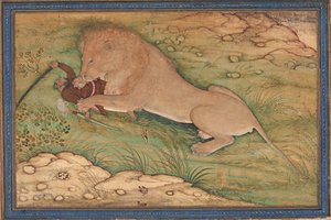 Gevaren van de jacht, een leeuw springt op een jager, ca. 1615