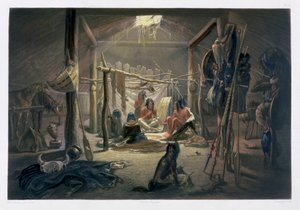 Het interieur van de hut van een Mandan-hoofd, 1843