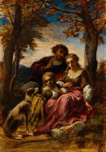 Figuren en een hond in een landschap door Narcisse Virgile Diaz de la Peña