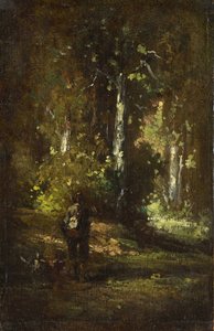 Uitzicht in het bos met jager door Narcisse Virgilio Diaz de la Peña, Alexandre Gabriel Decamps