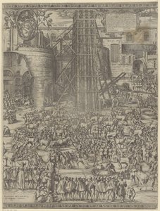 Het oprichten van de obelisk op het Sint Pieterplein door Natale Bonifazio da Sebenico