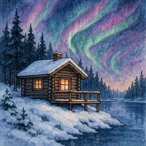 Besneeuwde hut en het noorderlicht door Natalie Bruns