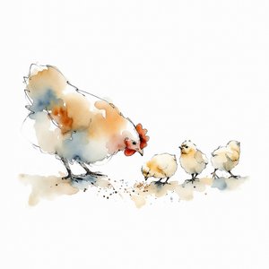 Aquarel: Kippen en kuikens