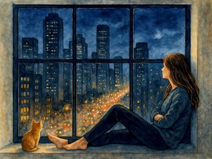 Vrouw Kat Stad Raam door Natalie Bruns