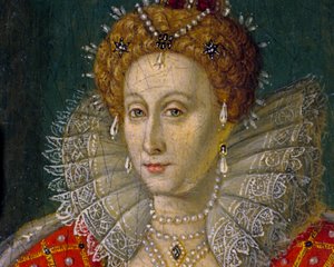 Detail van miniatuur olieverfschilderij portret van koningin Elizabeth I van Engeland en Ierland door Nathan Benn