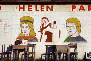 Muurschildering in het Helen of Troy café in Troje, Turkije