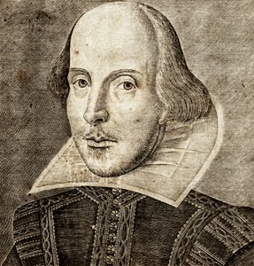 Portret van William Shakespeare op frontispice van Komedies, geschiedenissen en tragedies