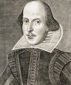 Portret van William Shakespeare op frontispice van Komedies, geschiedenissen, & tragedies