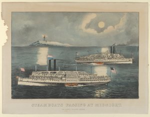 Stoomschepen Passeren om Middernacht - Op Long Island Sound, 1872-74 door Currier and Ives
