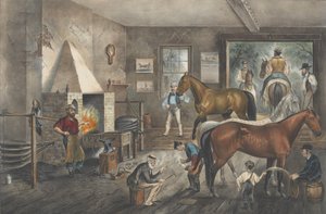 Trotting Cracks bij de smidse, 1869 door Currier and Ives