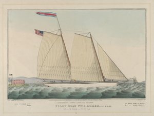 Loodsboot William J. Romer, kapitein McGuire, vertrekt naar Engeland op 9 februari 1846 (handgekleurde lithografie)