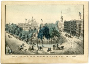 Uitzicht op het park, fontein en stadhuis, N.Y. 1851 door Nathaniel Currier