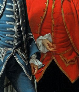 James Grant van Grant, John Mytton, de Eerwaarde Thomas Robinson en Thomas Wynne, ca. 1760 (detail) door Nathaniel Dance Holland