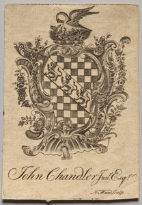 Boekplaat: Wapen met inscriptie John Chandler Jun.r, Esq.