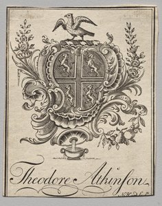 Boekplaat: Wapen met inscriptie van Theodore Atkinson