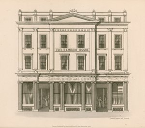 Winkelgevel van Shoolbred en Cooke, Stoffeerders, Tottenham Court Road, Londen