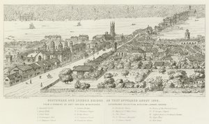 Southwark en London Bridge, zoals ze eruitzagen rond 1546 door Nathaniel Whittock