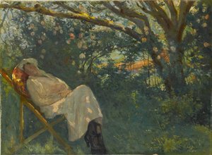 Dame in het roze op een chaise longue door Nazmi Ziya Güran