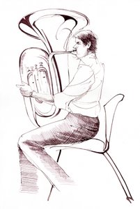 Tubaspeler (inkt tekening van een muzikant die optreedt) door Neale Osborne