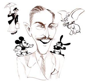 Walt Disney, Amerikaanse filmproducent, zakenmagnaat, cartoonist en animator; gekarikaturiseerd met Mary Poppins door Neale Osborne