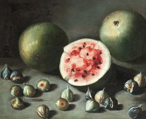 Watermeloenen en vijgen op een stenen richel