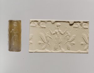 Cilinderzegel en moderne afdruk: mannelijke figuur domineert menshoofdige gevleugelde leeuwen, ca. 8e-7e eeuw v.Chr.
