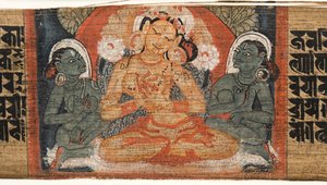 Folio 2r Godin Prajnaparamita, uit de Astasahasrika Prajnaparamita (inkt & kleuren op palmbladeren en hout) (detail) door Nepalese School