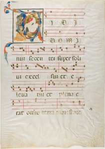 Heilige knielend voor God op de troon in een gehistorieerde initiaal "V" uit een antifonarium