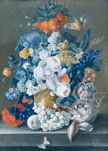 Bloemenstuk met vruchten, vogelnest en vlinders door Leopold Blonder