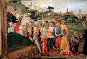 Totila, koning van de Ostrogoten bezoekt Benedictus van Nursia (detail) door Neroccio di  Landi