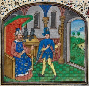 Een dwaas met zijn meester, uit een Getijdenboek door de Mildmay Meester, c.1460-70