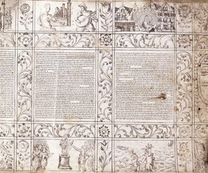 Verlicht manuscript in Sefardisch schrift, met scènes uit het Nederlandse leven en de Bijbel met bloemcartouches, 17e eeuw