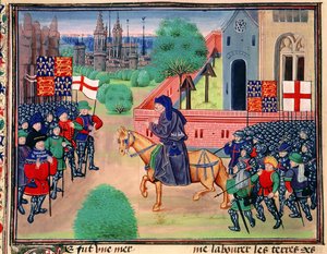Opstand van de boeren toont de banieren van Engeland en St. George, John Ball leidt de rebellen, illustratie uit 