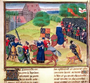 De dood van Wat Tyler in Smithfield, Londen, in 1381 tijdens de Boerenopstand, illustratie uit 