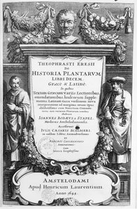 Titelpagina van Historia Plantarum Libri Decem door Theophrastus (ca.372-ca.287 v.Chr.) gepubliceerd in Amsterdam in 1644