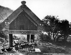 Een Patuka of Chiefs House, Lake Taupo, Nieuw-Zeeland, ca. 1863-80 door New Zealander Photographer