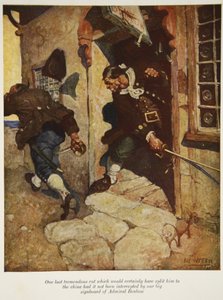 Een laatste geweldige houw die hem zeker in tweeën had gespleten als hij niet was onderschept door ons grote uithangbord van Admiral Benbow, een illustratie uit Schateiland door Robert Louis Stevenson