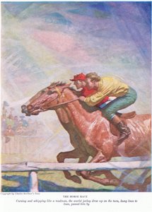 De paardenrace: Vloekend en slaand als een gek, trok de scharlaken jockey op in de bocht, hing knie aan knie, passeerde hem door Newell Convers Wyeth