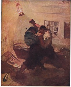 Het gevecht in de grot: Het toonde me Hands en zijn metgezel verstrikt in een dodelijke worsteling door Newell Convers Wyeth