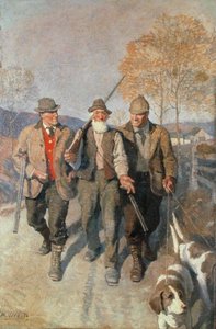 Drie jagers en honden door Newell Convers Wyeth