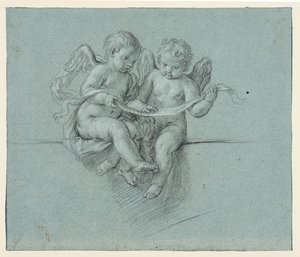 Twee cherubijnen die een rol vasthouden door Niccolò (attr.to) Berrettoni