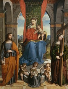 Madonna en Kind met St. Jacobus van Galicië en St. Helena door Niccolo  Pisano