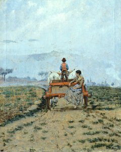 Op een wagen in de velden