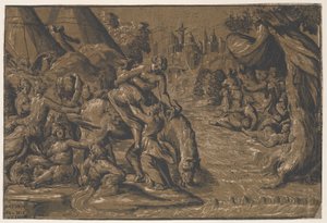 Cloelia de Romeinse heldin in het midden die op een paard wordt geholpen, Rome op de achtergrond..., 1540-50