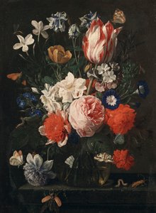 Een Roos, een Tulp, Winde en Andere Bloemen in een Glazen Vaas op een Stenen Rand door Nicholaes van Verendael