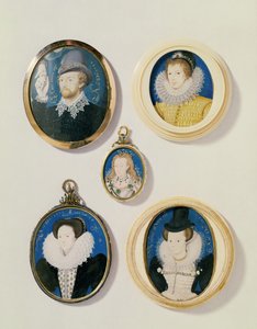 Miniaturen, van L naar R, T naar B: Man met een hand uit een wolk; Onbekende jonge man, 1588; Mevrouw Holland 26 jaar, 1593; Arabella Stuart, hertogin van Lennox; Onbekende dame