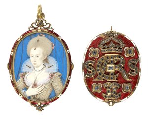 Portretminiatuur van koningin Anna van Denemarken (1574-1619) met juwelen omslag, c.1611