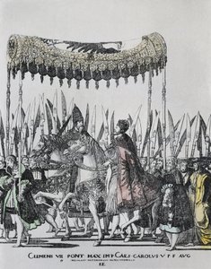 HOGENBERG, Nicolas. De Kroning van Karel V in Bologna. KAREL V, Heilige Roomse Keizer en Koning van Spanje; CLEMENS VII, Paus tussen 1523 en 1534. Gravure door Nicholas Hogenberg