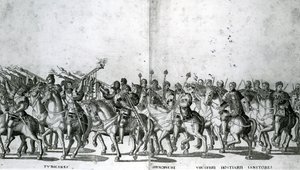 Plaat 12 en 13 van de intocht van paus Clemens VII en keizer Karel V in Bologna op 24 februari 1530, gepubliceerd ca.1530 door Nicholas Hogenberg